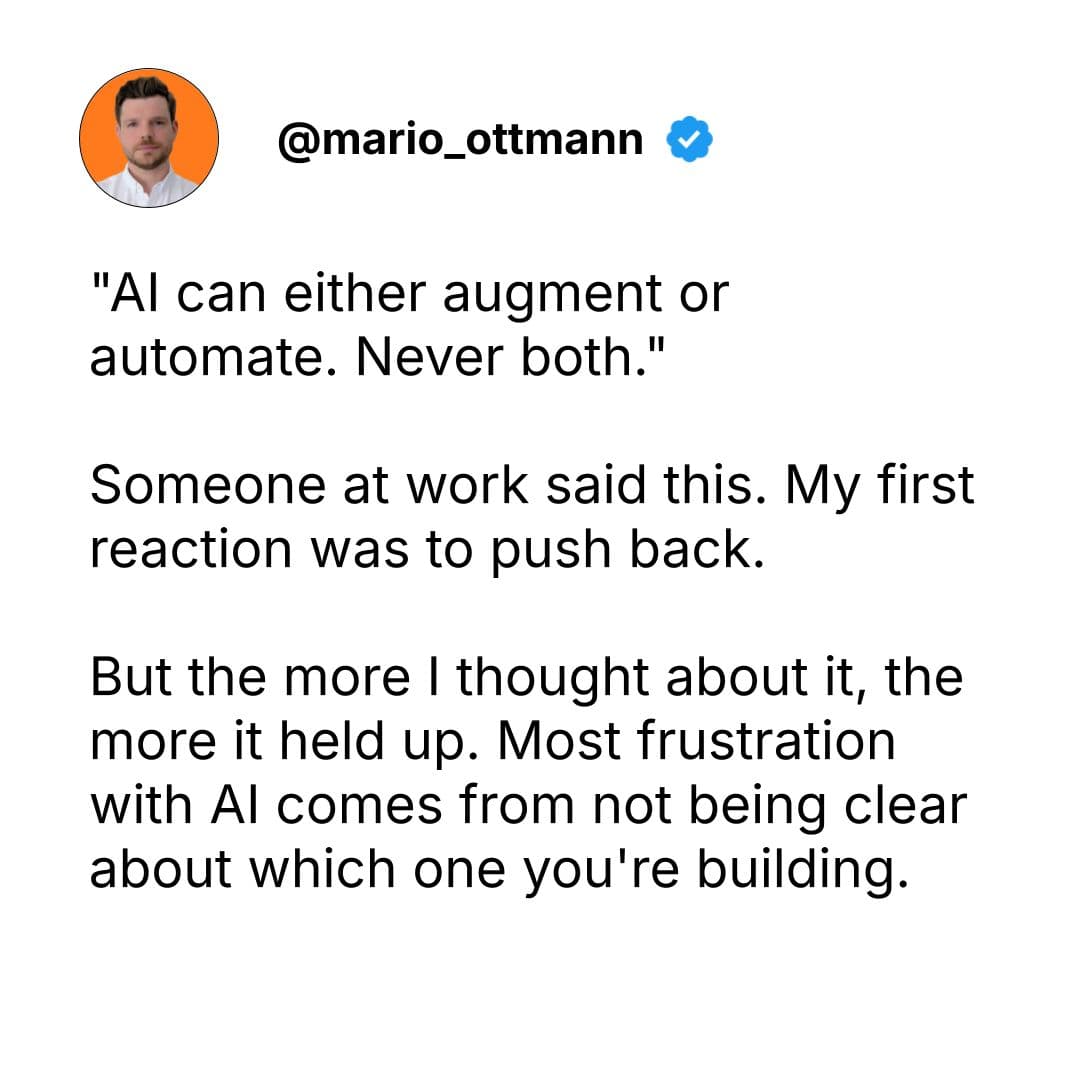 Decision framework diagram showing the difference between AI augmentation and AI automation