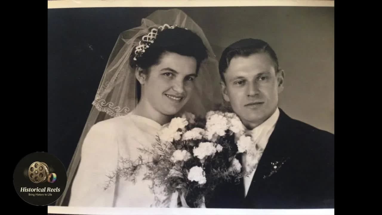 Colorized and restored vintage wedding photograph showing the transformation from faded black and white to vibrant color